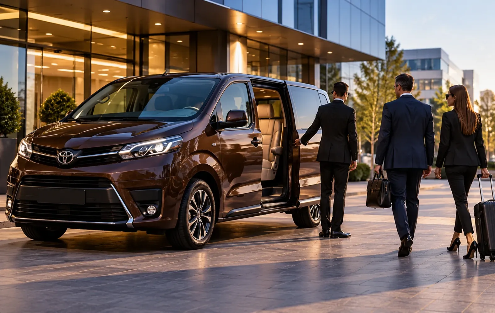 Driver opening the sliding door for business travellers with luggage in front of a modern hotel