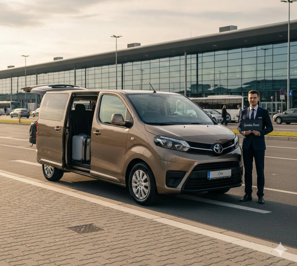 Passenger van with an open sliding door and luggage in front of an airport terminal